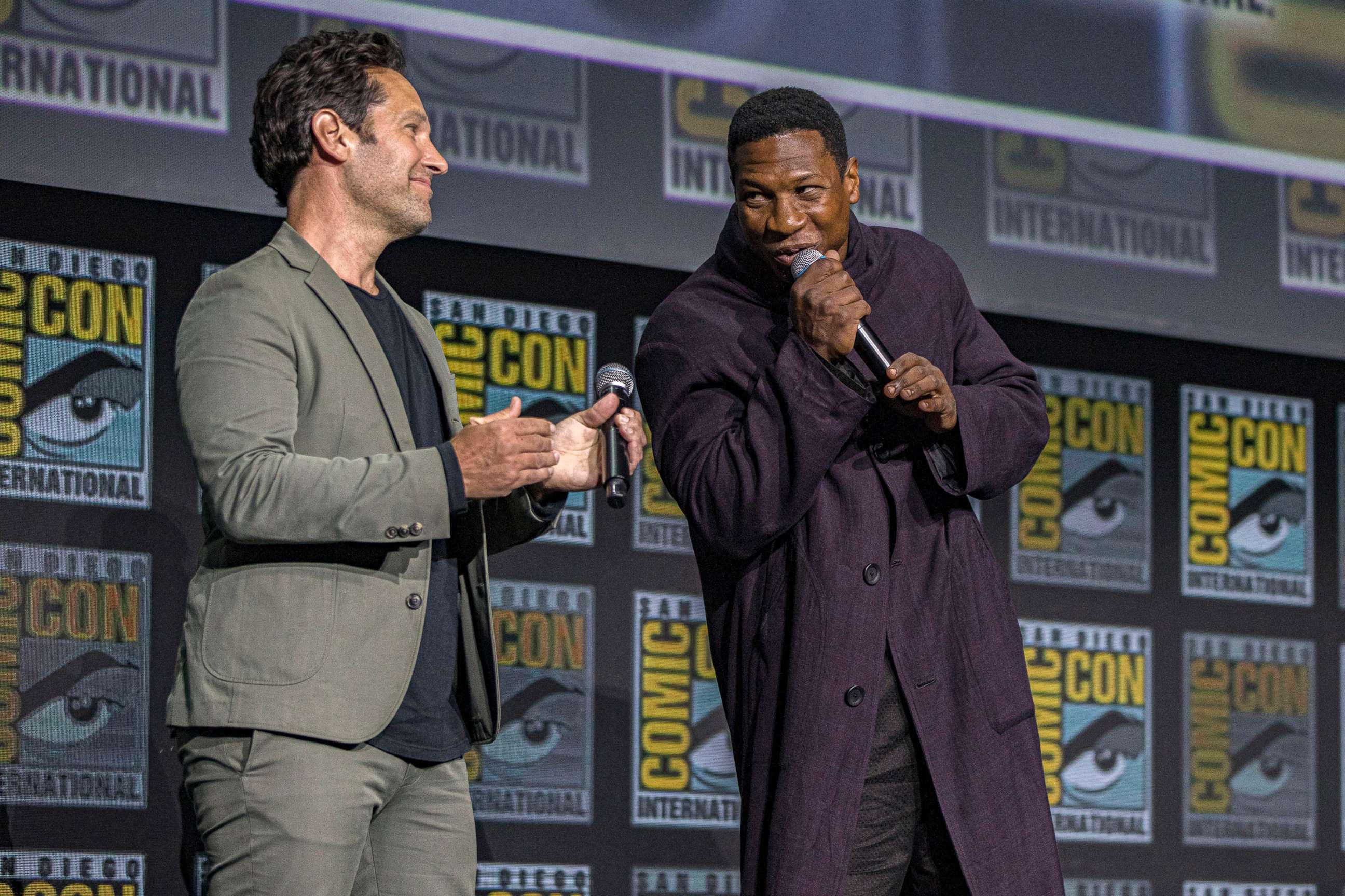 PHOTO: Paul Rudd and Jonathan Majors, right, speak at the Marvel Cinematic Universe Mega-Panel during  2022 Comic-Con International, July 23, 2022, in San Diego, Calif.