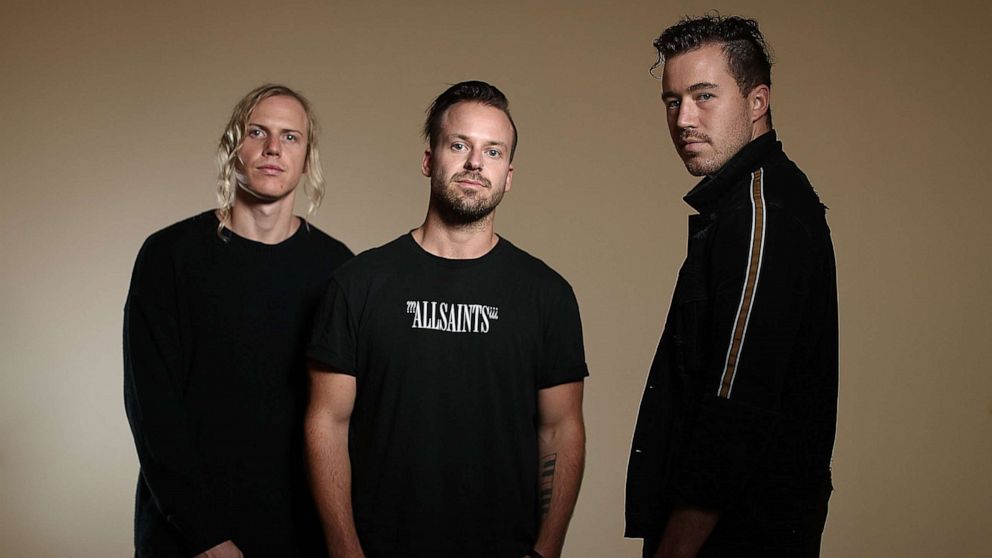 PHOTO: Tyrone Lindqvist, Jon George and James Hunt from the band Rufus Du Sol pose during the 32nd Annual ARIA Nominations Event at the Art Gallery of NSW, Oct. 11, 2018, in Sydney, Australia. 