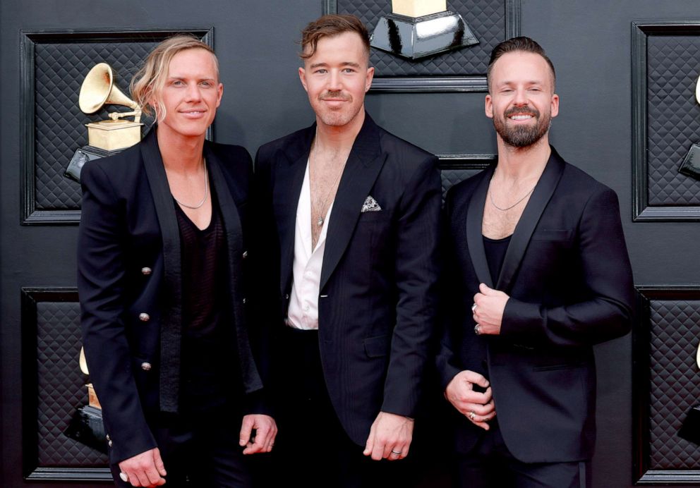 PHOTO: Tyrone Lindqvist, James Hunt, and Jon George of Rufus Du Sol attend the 64th Annual GRAMMY Awards at MGM Grand Garden Arena, April 3, 2022, in Las Vegas.