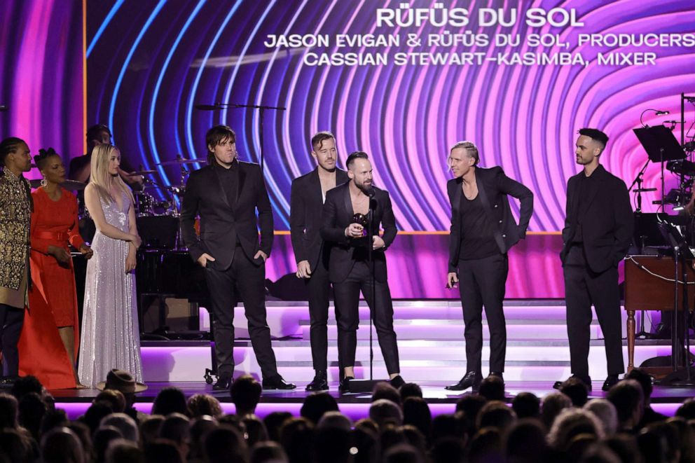PHOTO: Rufus Du Sol accepts the award for Best Dance/Electronic Recording onstage during the 64th Annual GRAMMY Awards Premiere Ceremony at MGM Grand Marquee Ballroom, April 3, 2022, in Las Vegas.
