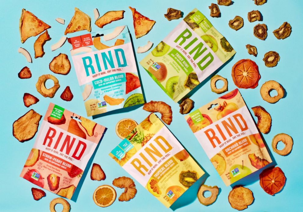 PHOTO: A lineup of various Rind dried fruit snacks.