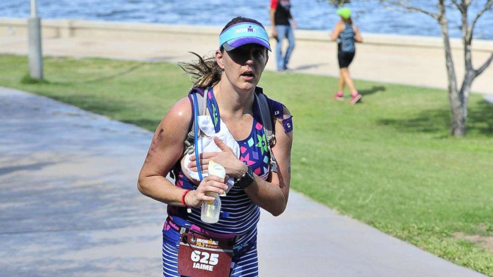 PHOTO: Jaime Sloan, 34, used a breast pump while racing in a 70.3-mile Ironman event in Tempe, Ariz.