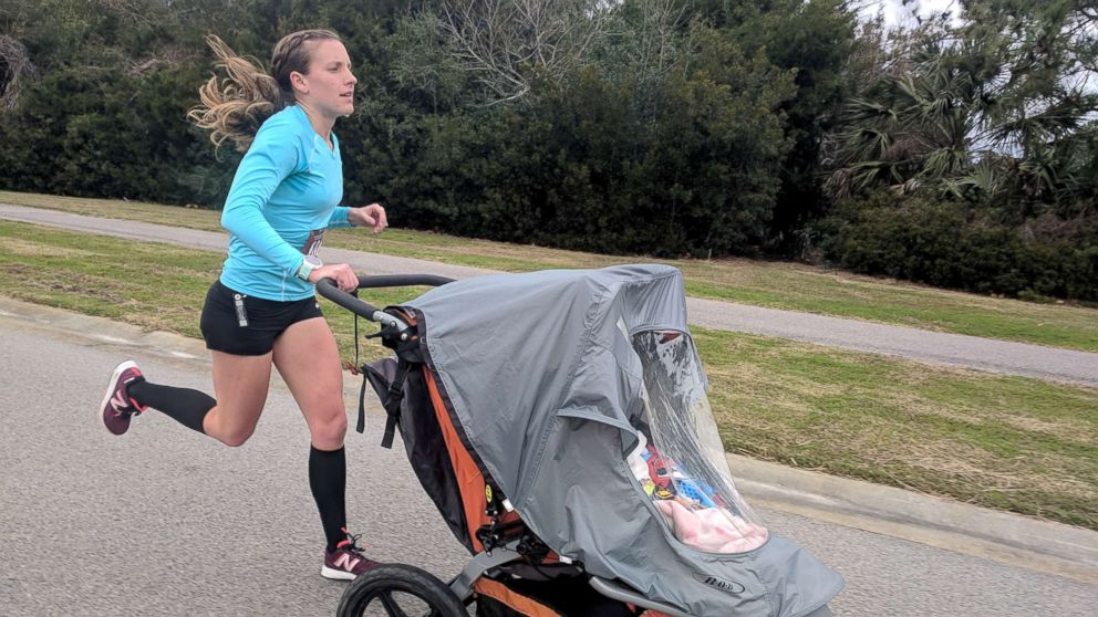 PHOTO: Rachel Bowling, 30, of Ridgeland, South Carolina, runs the LowCountry Habitat for Humanity Resolution Run 10K on Dataw Island, South Carolina, in pursuit of the Guinness World Record of Fastest 10K with a double pram (female).