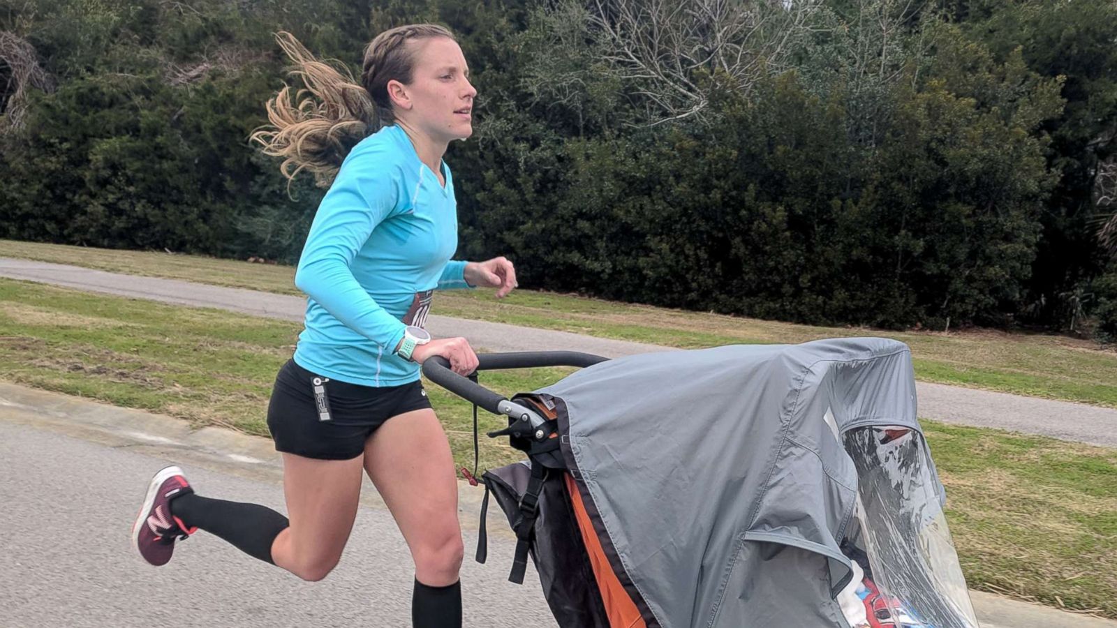 PHOTO: Rachel Bowling, 30, of Ridgeland, South Carolina, runs the LowCountry Habitat for Humanity Resolution Run 10K on Dataw Island, South Carolina, in pursuit of the Guinness World Record of Fastest 10K with a double pram (female).