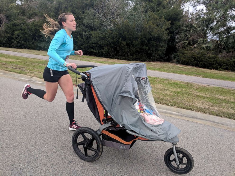 PHOTO: Rachel Bowling, 30, of Ridgeland, South Carolina, runs the LowCountry Habitat for Humanity Resolution Run 10K on Dataw Island, South Carolina, in pursuit of the Guinness World Record of Fastest 10K with a double pram (female).