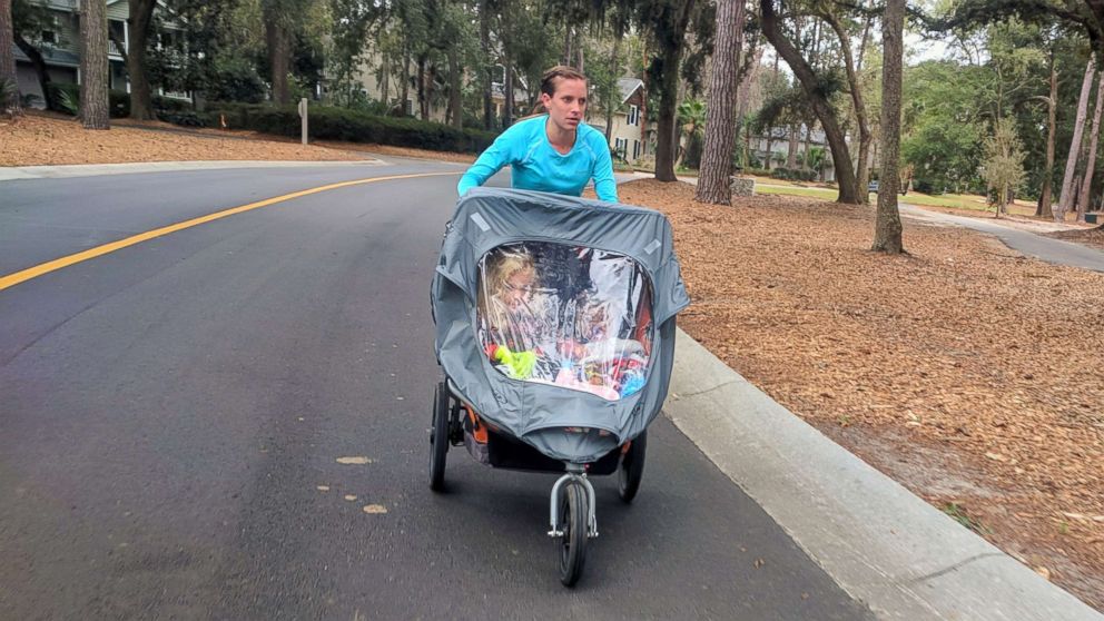 PHOTO: Rachel Bowling, 30, of Ridgeland, South Carolina, runs the LowCountry Habitat for Humanity Resolution Run 10K on Dataw Island, South Carolina, in pursuit of the Guinness World Record of Fastest 10K with a double pram (female).