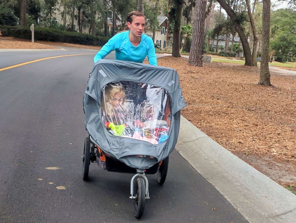PHOTO: Rachel Bowling, 30, of Ridgeland, South Carolina, runs the LowCountry Habitat for Humanity Resolution Run 10K on Dataw Island, South Carolina, in pursuit of the Guinness World Record of Fastest 10K with a double pram (female).
