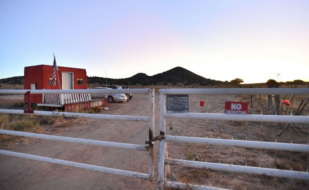 PHOTO: A general view shows a locked gate at the entrance to the Bonanza Creek Ranch, Oct. 22, 2021, in Santa Fe, New Mexico.