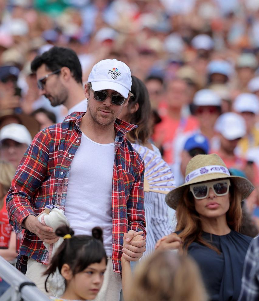 PHOTO: Actor Ryan Gosling and his wife actress Eva Mendes are seen in the stands during the Equestrian competition Dressage Individual Grand Prix Freestyle at Paris 2024 Olympics at Chateau de Versailles, in Versailles, France, Aug. 04, 2024.