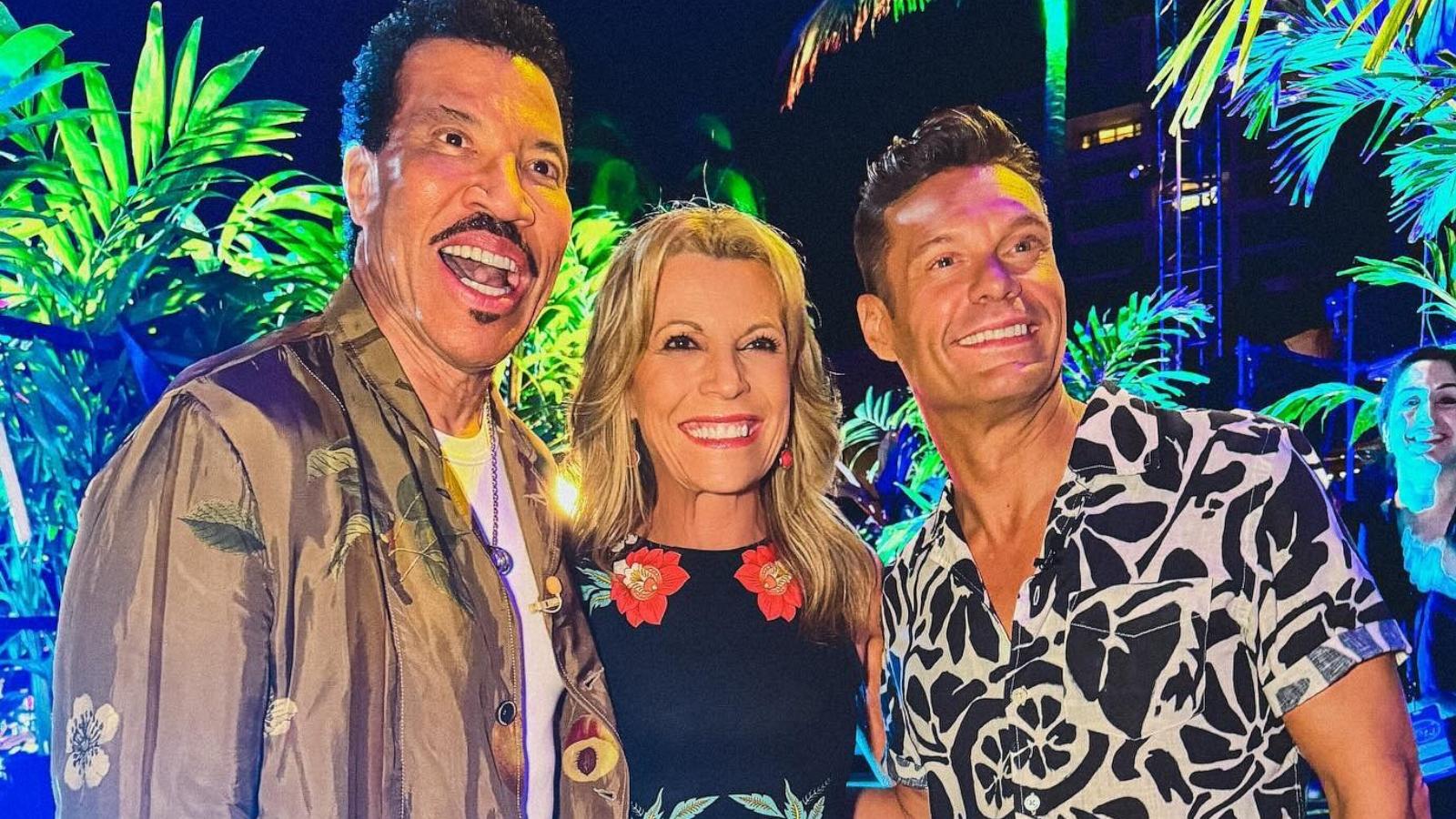 PHOTO: In a post made to Ryan Seacrest's Instagram, "Wheel of Fortune" co-host Vanna White, center, is pictured during a special guest appearance on the April 8, 2024, episode of "American Idol."