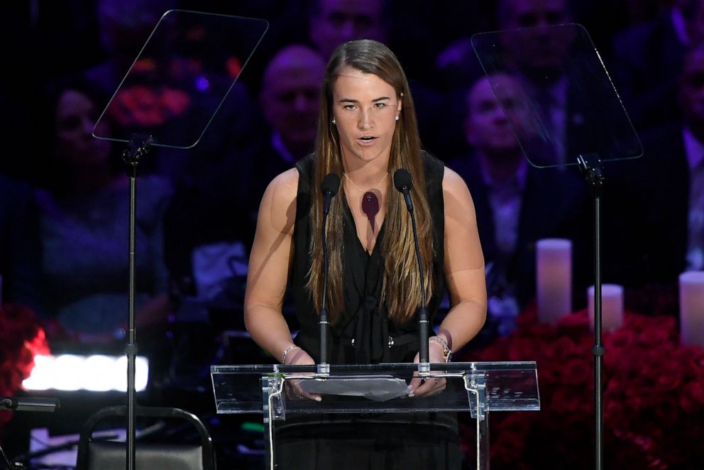 PHOTO: Sabrina Ionescu speaks during a memorial service for Kobe and Gianna Bryant at Staples Center on Feb. 24, 2020, in Los Angeles.