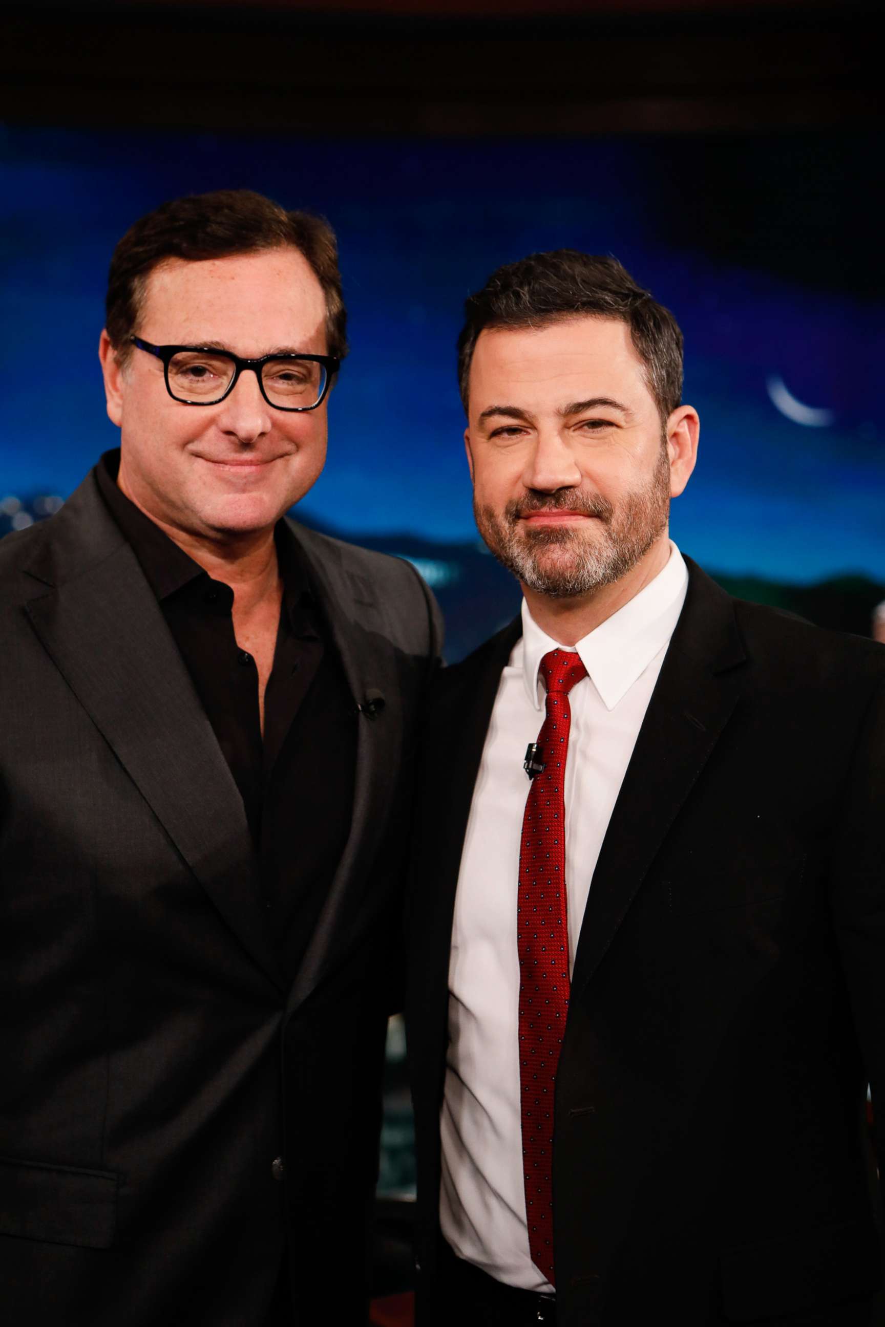 PHOTO: In this March 12, 2019 file photo Bob Saget and Jimmy Kimmel on "Jimmy Kimmel Live!"
