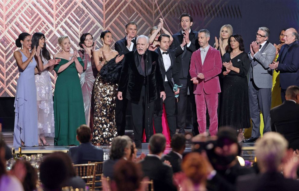 PHOTO: Brian Cox and the cast accept the award for Ensemble in a Drama Series for "Succession" during the show at the 28th Screen Actors Guild Awards at the Barker Hangar in Santa Monica, Calif., Feb. 27, 2022. 