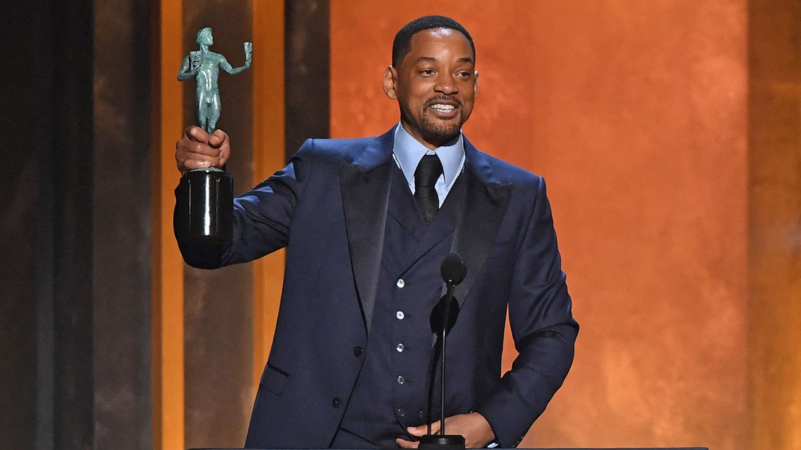 PHOTO: Actor Will Smith accepts the award for Outstanding Performance by a Male Actor in a Leading Role for King Richard onstage during the 28th Annual Screen Actors Guild (SAG) Awards in Santa Monica, Calif., Feb 27, 2022.