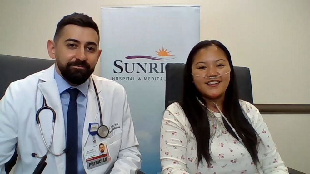 PHOTO: Rowena Salas, 32, of Las Vegas, right recovered from COVID-19 under the medical care of Dr. Michael Gale, co-medical director of the ECMO program at Sunrise Hospital in Las Vegas.