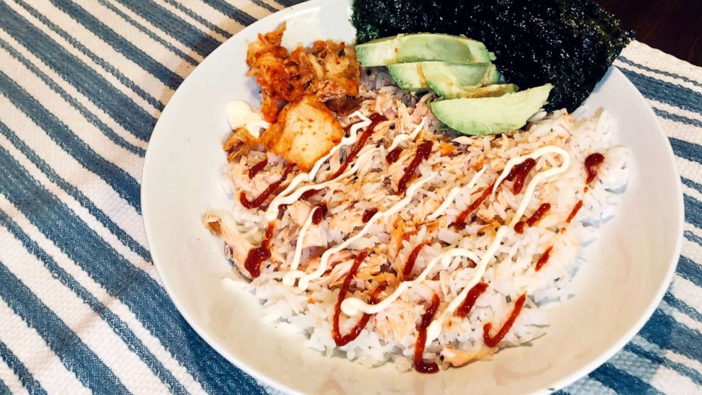 Salmon rice bowl dish inspired by Emily Mariko.