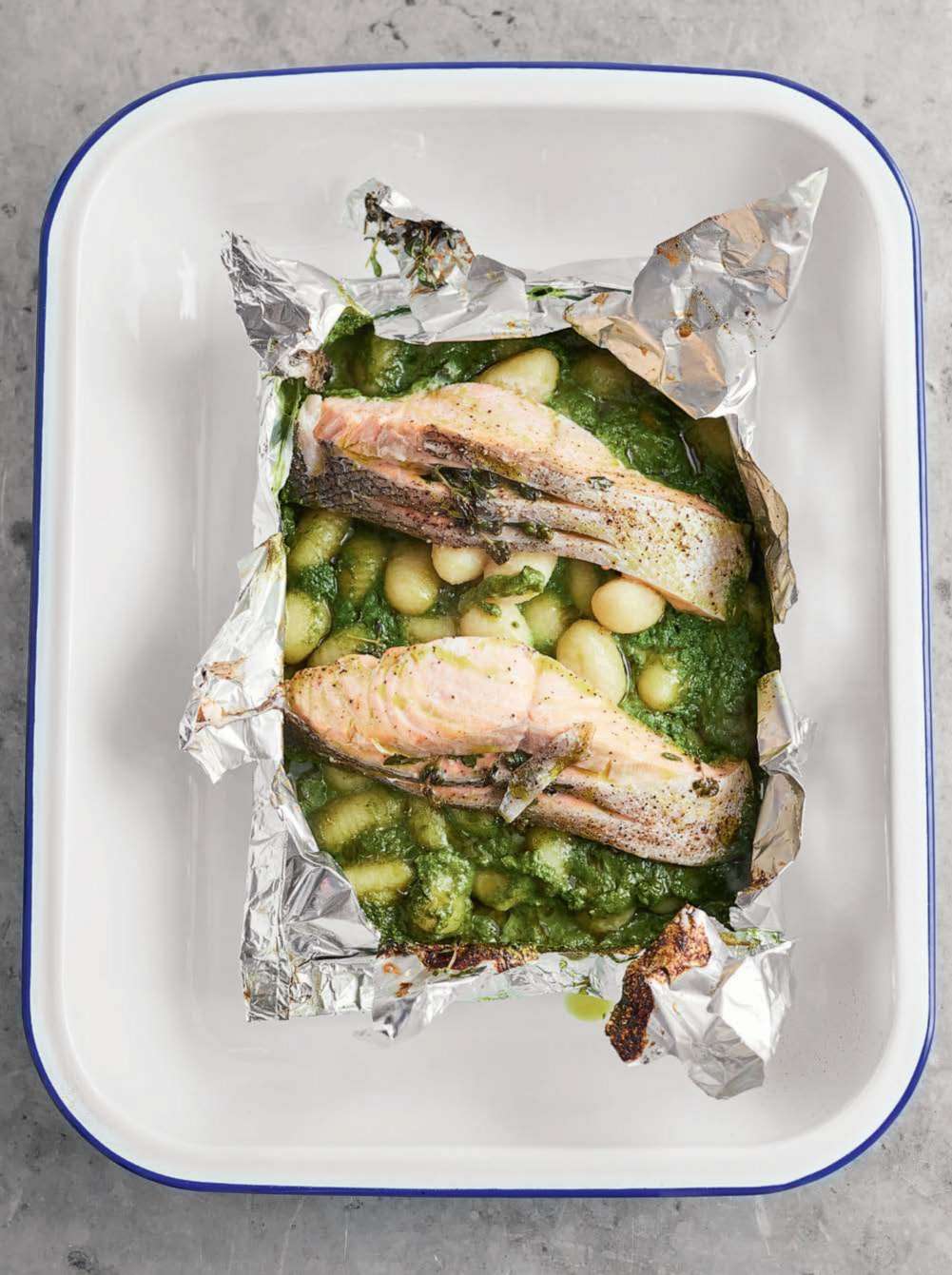 PHOTO: Salmon baked in foil with spinach and gnocchi.