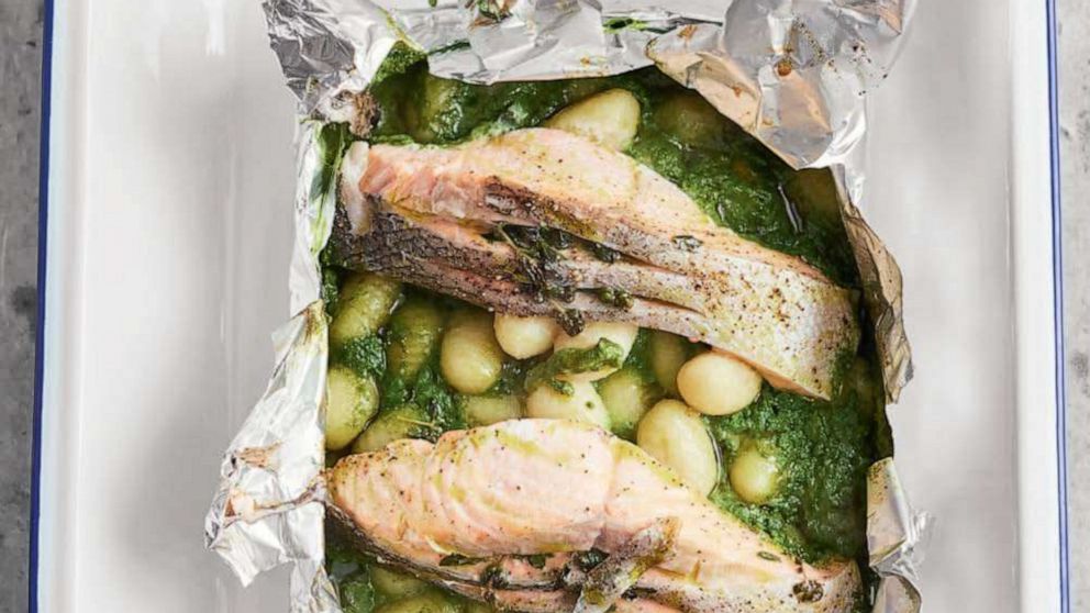 PHOTO: Salmon baked in foil with spinach and gnocchi.