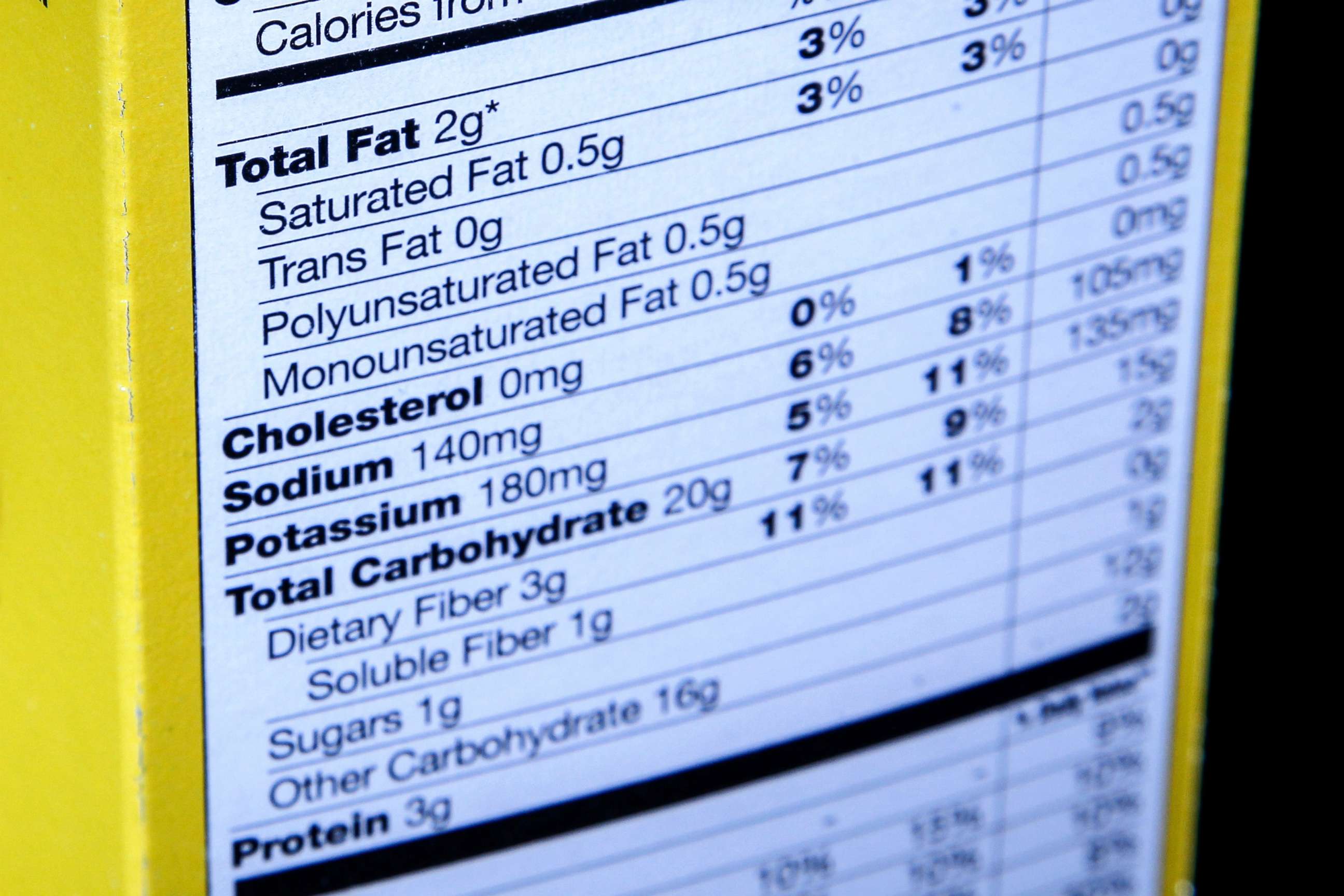 PHOTO: A nutrition facts label on the side of a cereal box in Washington, Jan. 23, 2014.