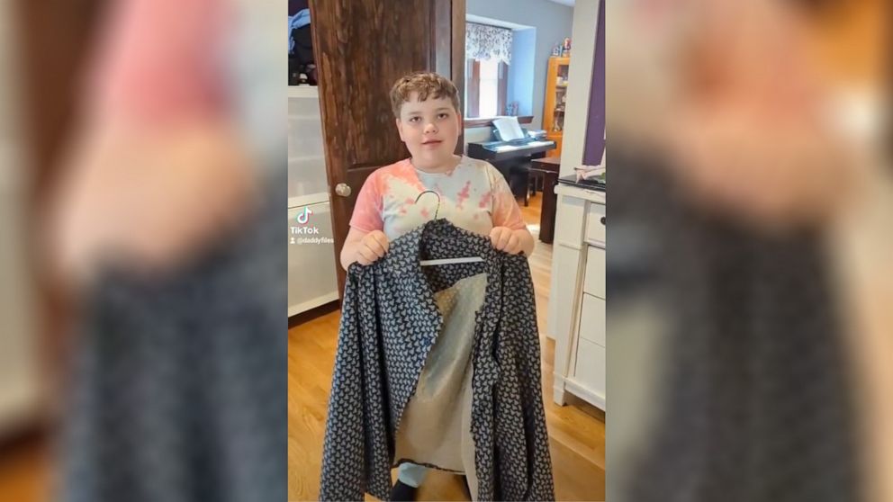 PHOTO: Sam made his dad Aaron Gouveia a custom shirt in sewing class. A video of the father-son exchange has since gone viral on TikTok.