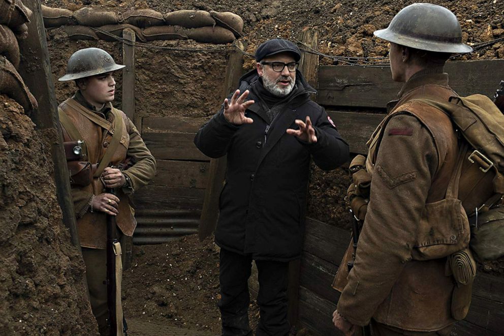 PHOTO: Sam Mendes, George MacKay, and Dean-Charles Chapman on the set of "1917."