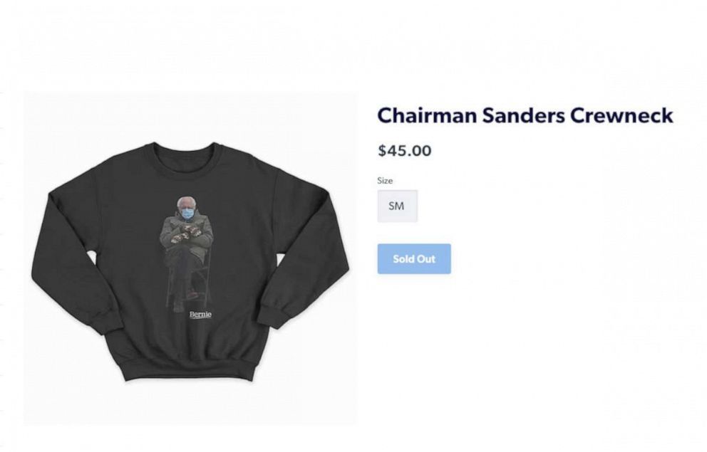 PHOTO: Merchandise featuring the photo of former presidential candidate, Sen. Bernie Sanders wearing mittens at Joe Biden presidential inauguration was sold out on the senator's campaign website.