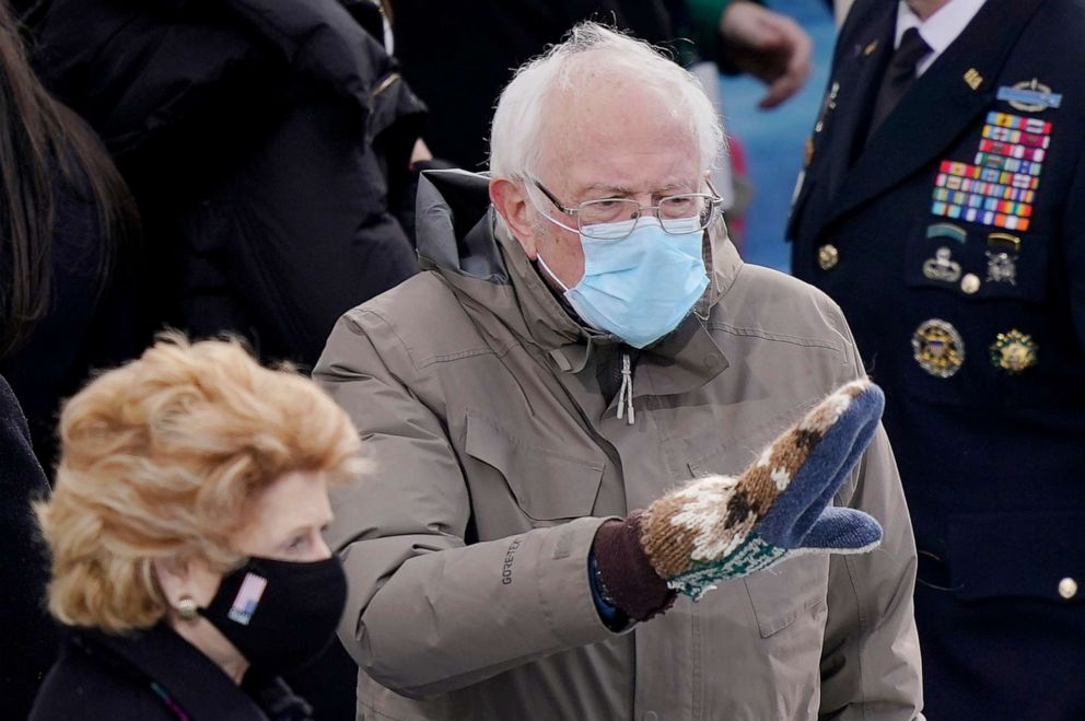 PHOTO: Sen. Bernie Sanders arrives at the inauguration of President-elect Joe Biden on the West Front of the U.S. Capitol, Jan. 20, 2021 in Washington, D.C.