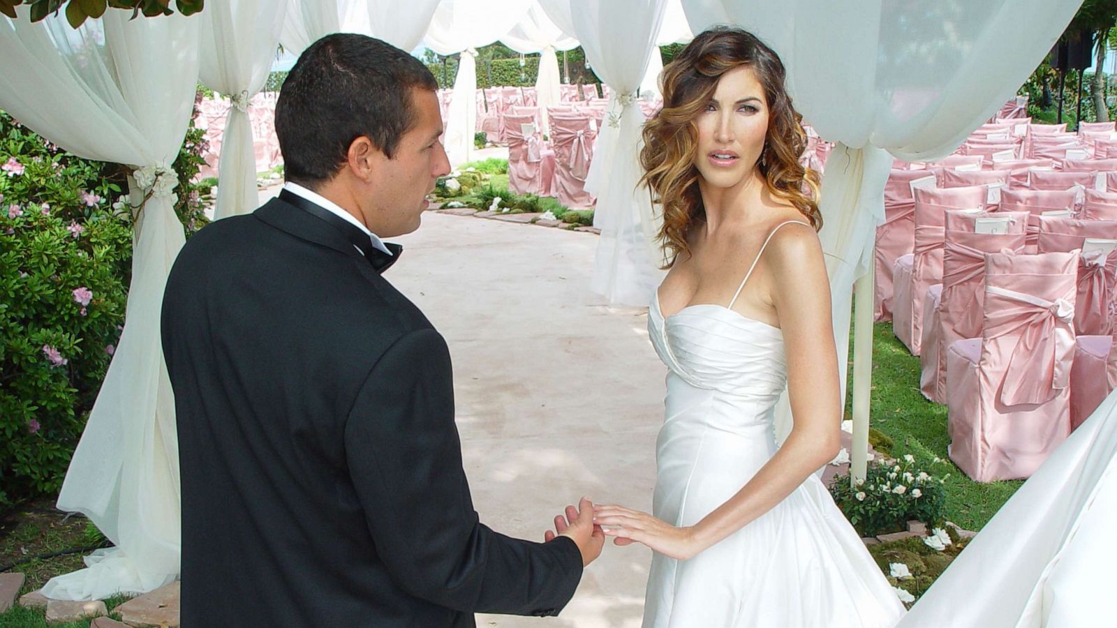 PHOTO: Adam Sandler poses with his bride Jackie Titone at their wedding, June 22, 2003, in Malibu, Calif.