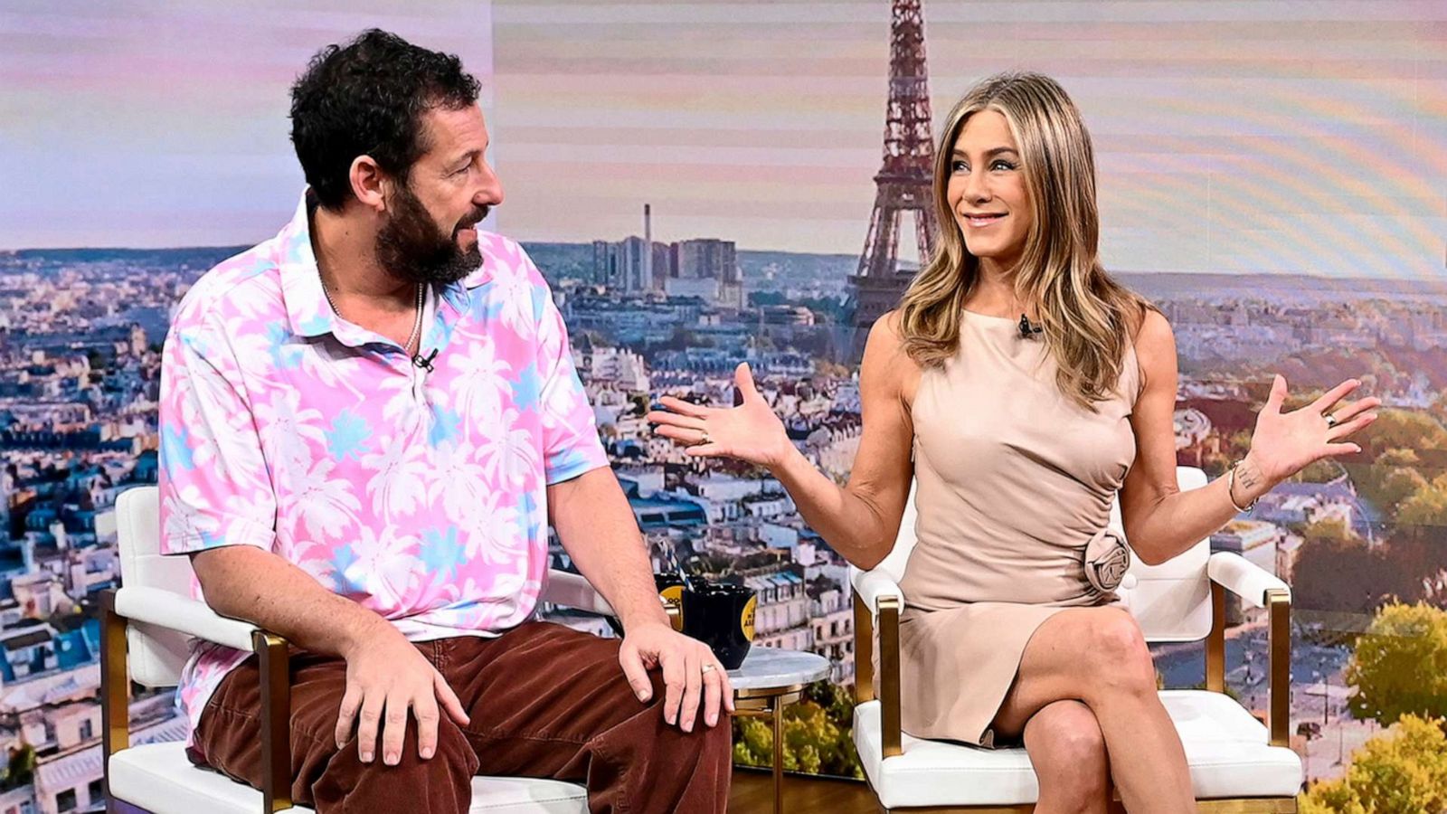 PHOTO: Adam Sandler and Jennifer Aniston appear on "Good Morning America," March 22, 2023.