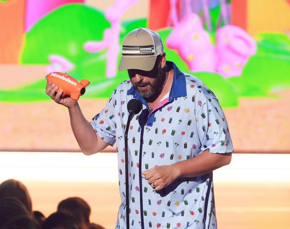 PHOTO: Adam Sandler accepts the award for Favorite Male Voice From An Animated Movie onstage at the 2024 Nickelodeon Kids' Choice Awards at Barker Hangar on July 13, 2024 in Santa Monica, Calif.