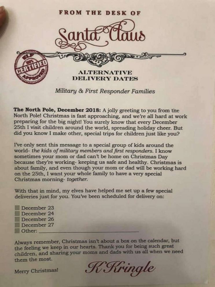 PHOTO: Stephanie Davisson of Fort Hood, TX is a mom to two boys and created a letter from Santa specially for working parents who cannot celebrate Christmas on the actual date of the holiday. 