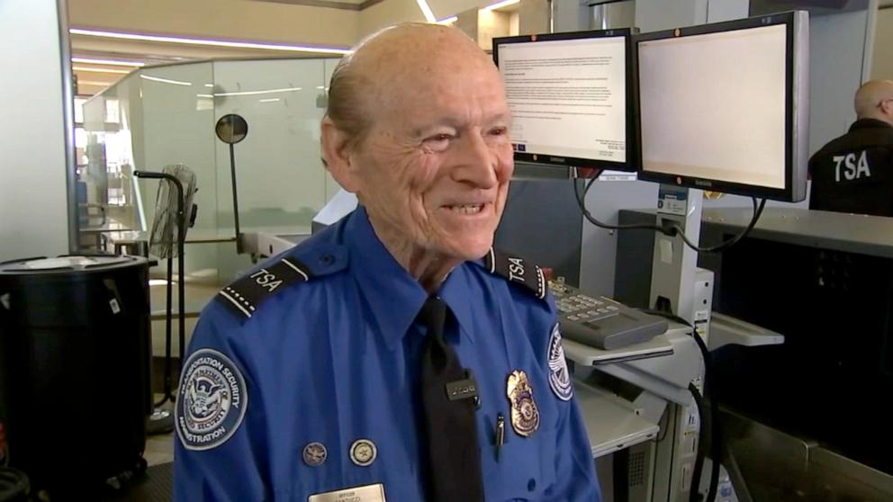 PHOTO: Lawrence Santucci, a Transportation Security Administration officer at John Wayne Airport, is turning 90 years old this week.