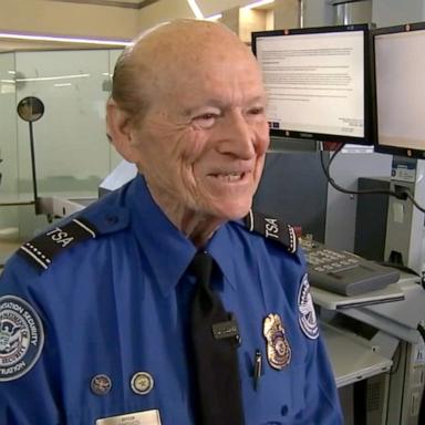PHOTO: Lawrence Santucci, a Transportation Security Administration officer at John Wayne Airport, is turning 90 years old this week.