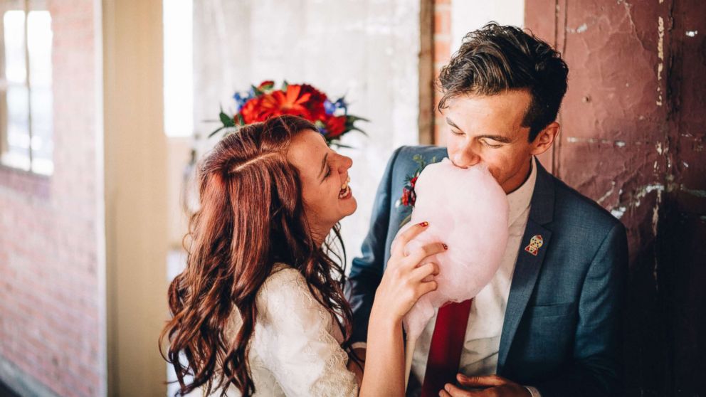 PHOTO: Sara Goodwin and her husband are pictured on their wedding day in Salt lake City. They had cotton candy as a treat at the reception.