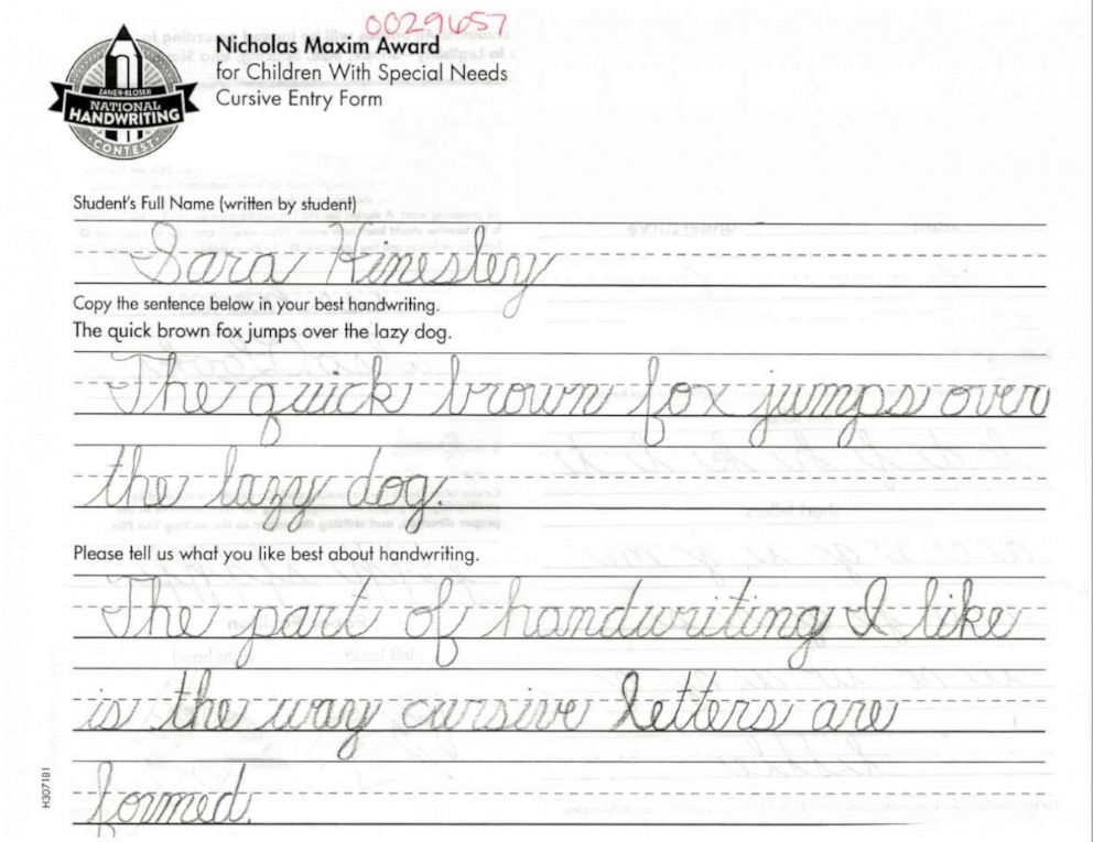 PHOTO: Sara Hinesleys entry form for the Nicholas Maxim Award in the 2019 Zaner-Bloser National Handwriting Contest is pictured here.