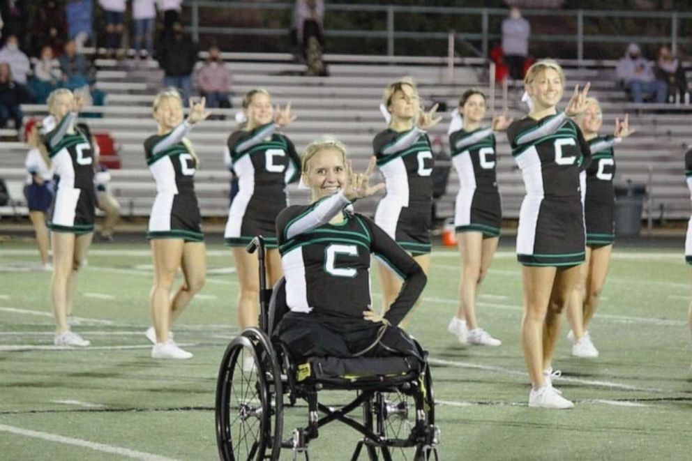 PHOTO: Sarah Frei, 17, of Syracuse, Utah, returned to cheerleading after undergoing 20 surgeries, including a double leg amputation, following a drunk driving crash.