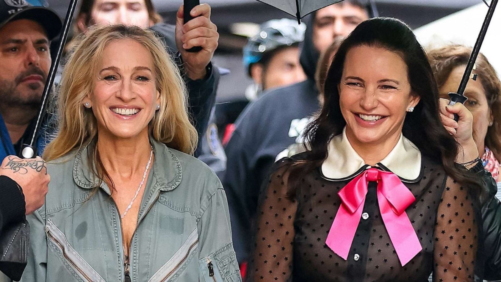 PHOTO: Sarah Jessica Parker and Kristin Davis are seen at film set of the "And Just Like That" Season 2 TV Series on Oct. 5, 2022 in New York City.