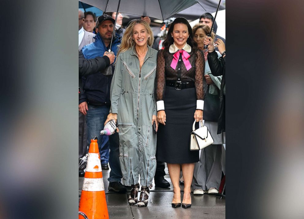 PHOTO: Sarah Jessica Parker and Kristin Davis are seen at film set of the "And Just Like That" Season 2 TV Series on Oct. 5, 2022 in New York City. 