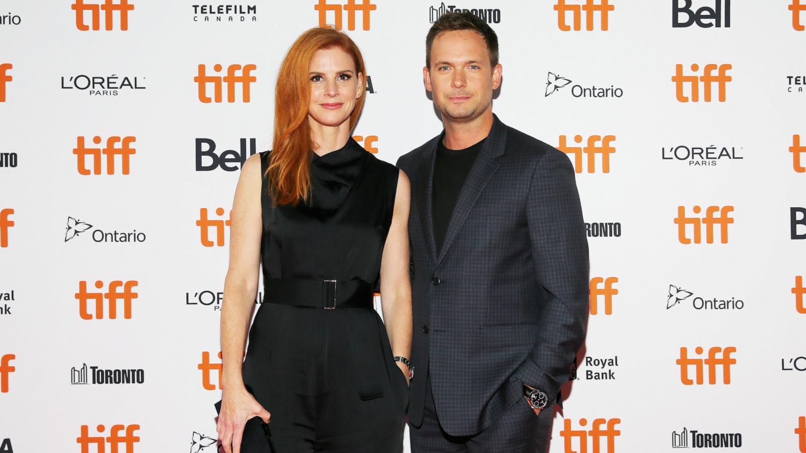 PHOTO: Sarah Rafferty and Patrick J. Adams attend the "Clara" premiere during 2018 Toronto International Film Festival, Sept. 10, 2018, in Toronto.