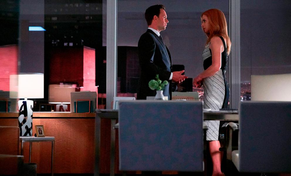 PHOTO: Patrick J. Adams as Michael Ross, Sarah Rafferty as Donna Paulsen in a scene from the TV show, Suits.