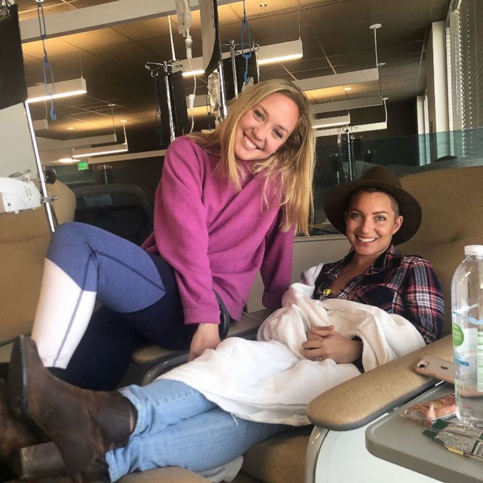 PHOTO: Sarah Sharpe, right, poses with her sister Cathey Stoner in a photo taken while Sharpe underwent chemotherapy treatments.