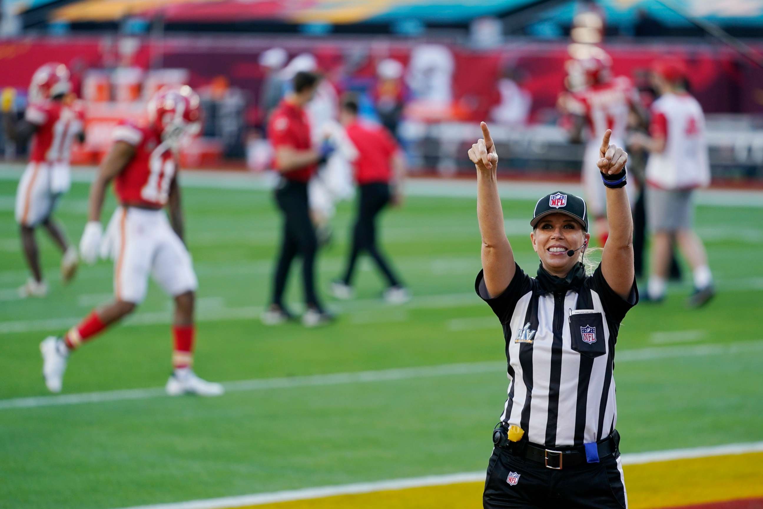 PHOTO: Down judge Sarah Thomas arrives before the NFL Super Bowl 55 game between the Kansas City Chiefs and Tampa Bay Buccaneers, Feb. 7, 2021, in Tampa, Fla.