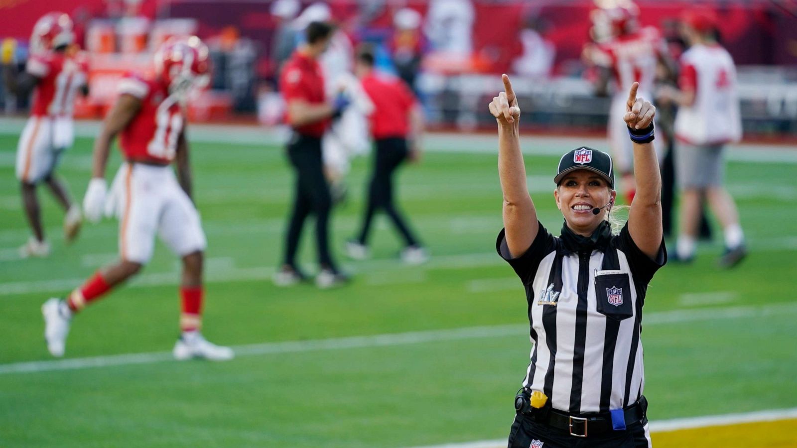 PHOTO: Down judge Sarah Thomas arrives before the NFL Super Bowl 55 game between the Kansas City Chiefs and Tampa Bay Buccaneers, Feb. 7, 2021, in Tampa, Fla.