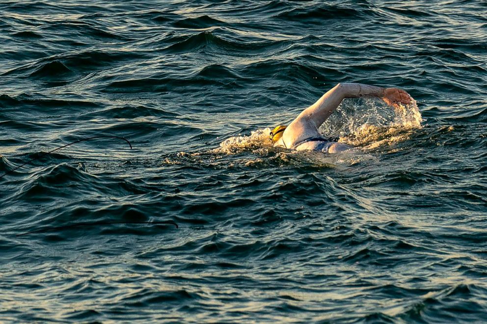 PHOTO: A handout photograph taken off the coast of Dover, southern England, Sept. 15, 2019 shows swimmer Sarah Thomas swimming in the Dover Strait.