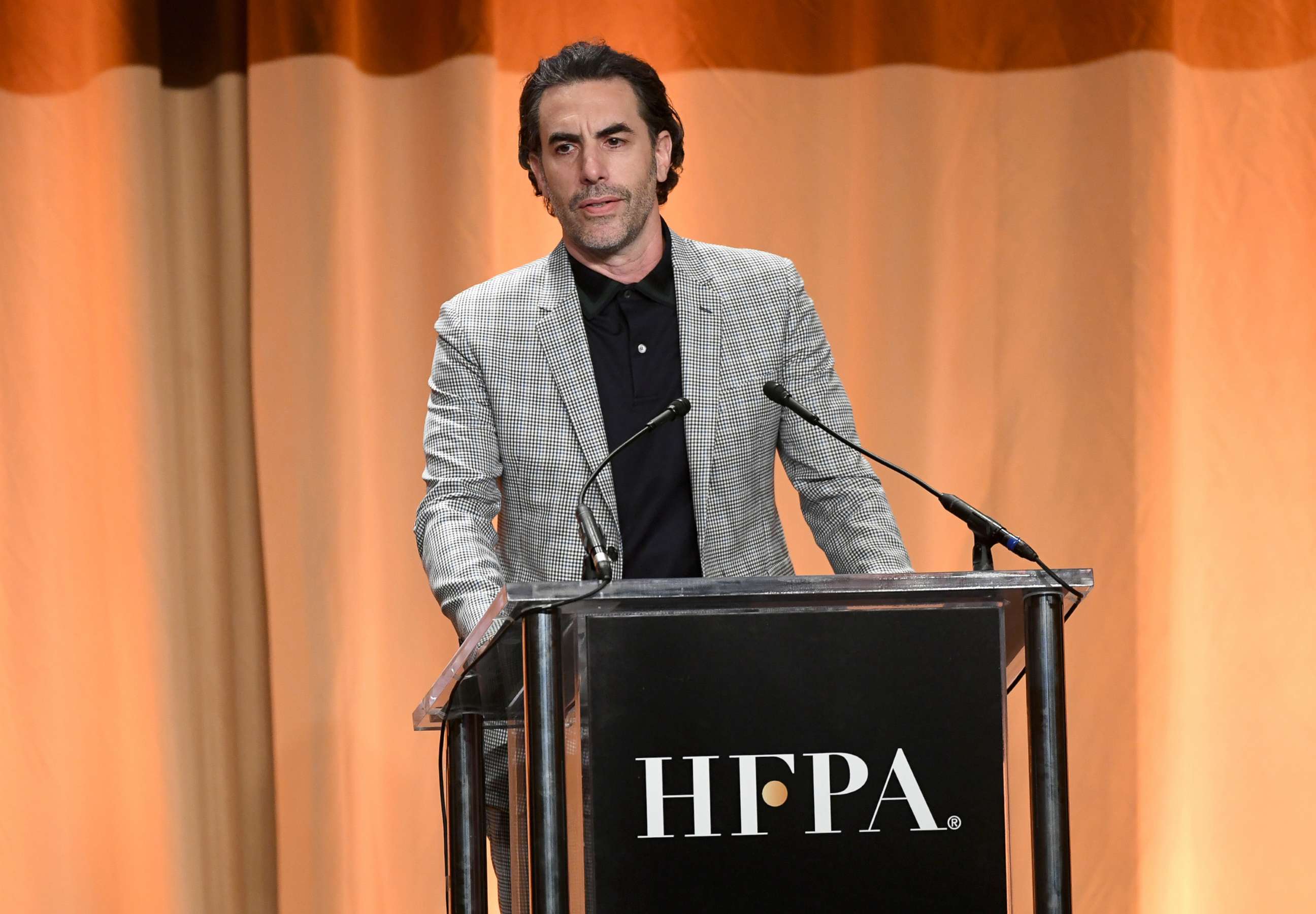 PHOTO: In this July 31, 2019, file photo, Sacha Baron Cohen speaks onstage during Hollywood Foreign Press Association's Annual Grants Banquet in Beverly Hills, Calif.