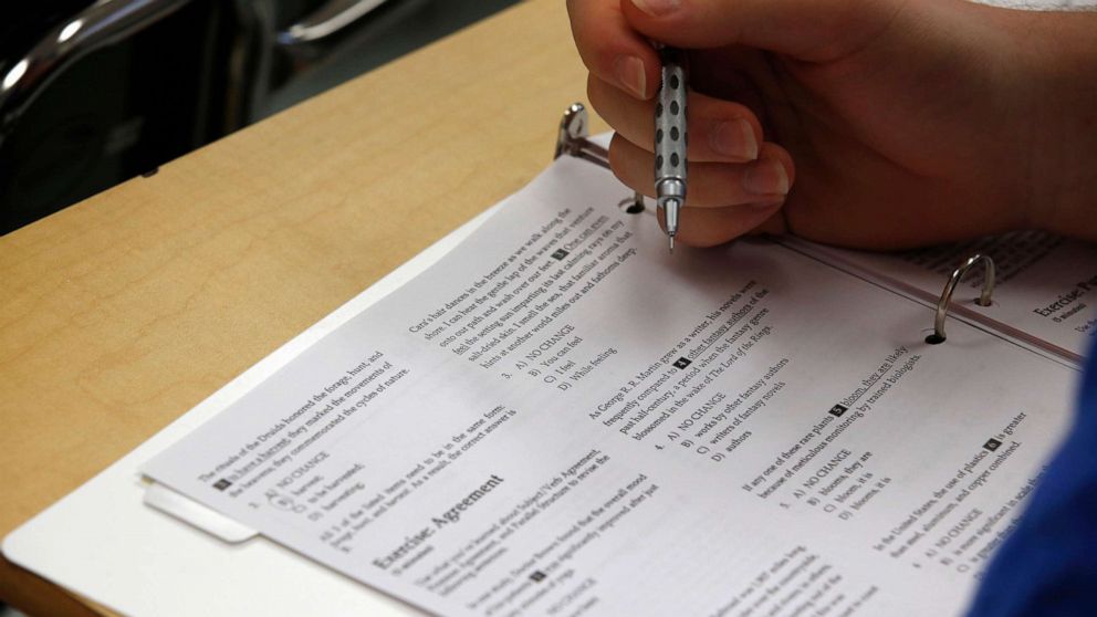 PHOTO: In this Jan. 17, 2016, file photo, a student looks at questions during a college test preparation class at Holton Arms School in Bethesda, Md.