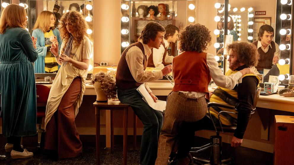 PHOTO: This image by Sony Pictures shows, from left, Kim Matula, as Jane Curtin, Emily Fairn, as Laraine Newman, Gabriel La Belle, as Lorne Michaels, Rachel Sennott, as Rosie Shuster, and Matt Wood, as John Belushi in a scene from "Saturday Night." 