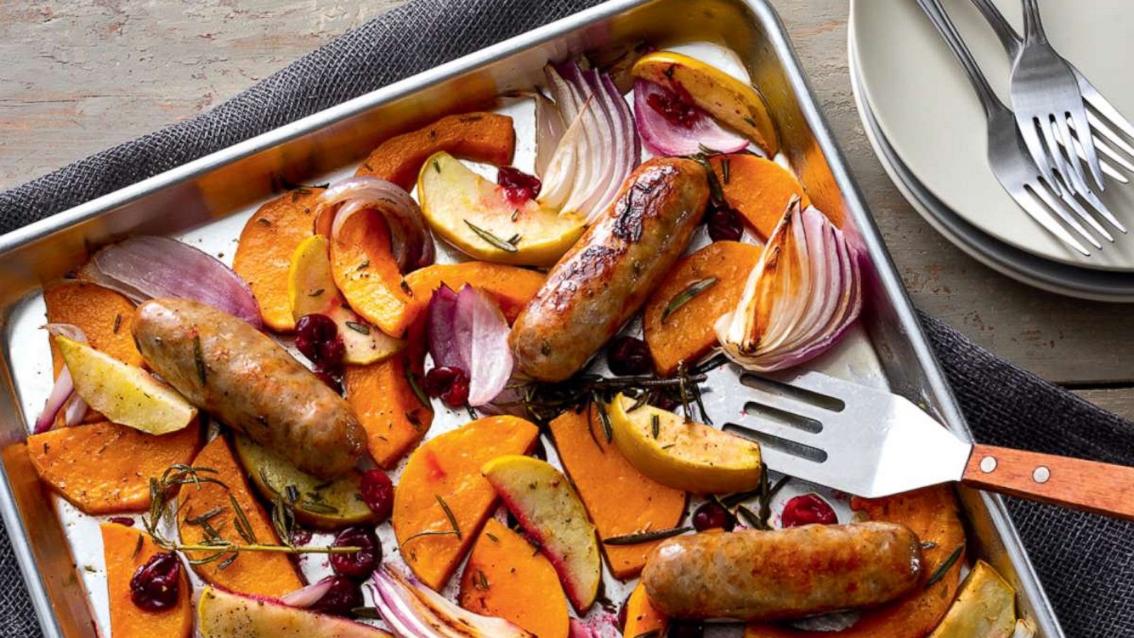 PHOTO: Sheet-pan sausage supper with roasted fall vegetables.