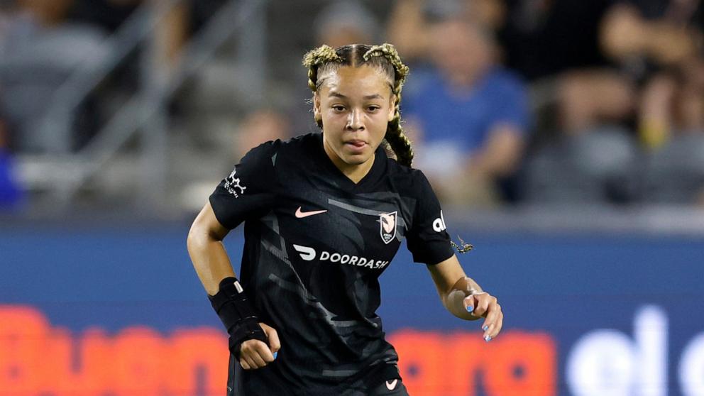 PHOTO: Savy King #3 of Angel City FC plays the ball during a 2-0 win over the Utah Royals at BMO Stadium on May 09, 2025 in Los Angeles, California.