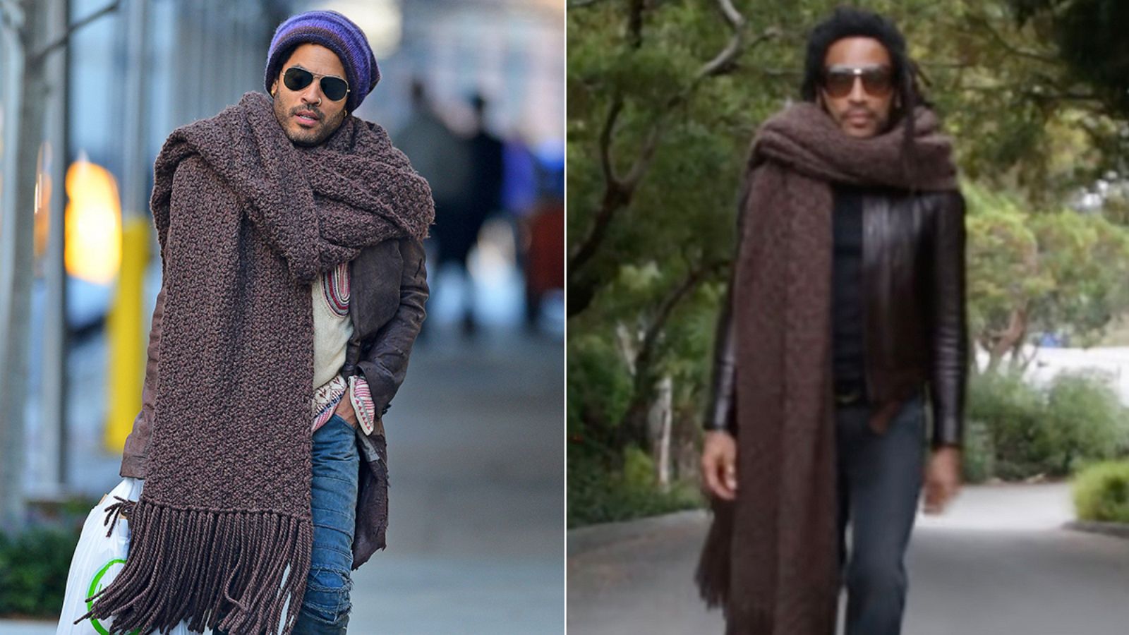 PHOTO: Lenny Kravitz wears a giant knit scarf in New York, Nov. 25, 2012. Lenny Kravitz posted a video to his TikTok account wearing his viral scarf, Sept. 23, 2023.